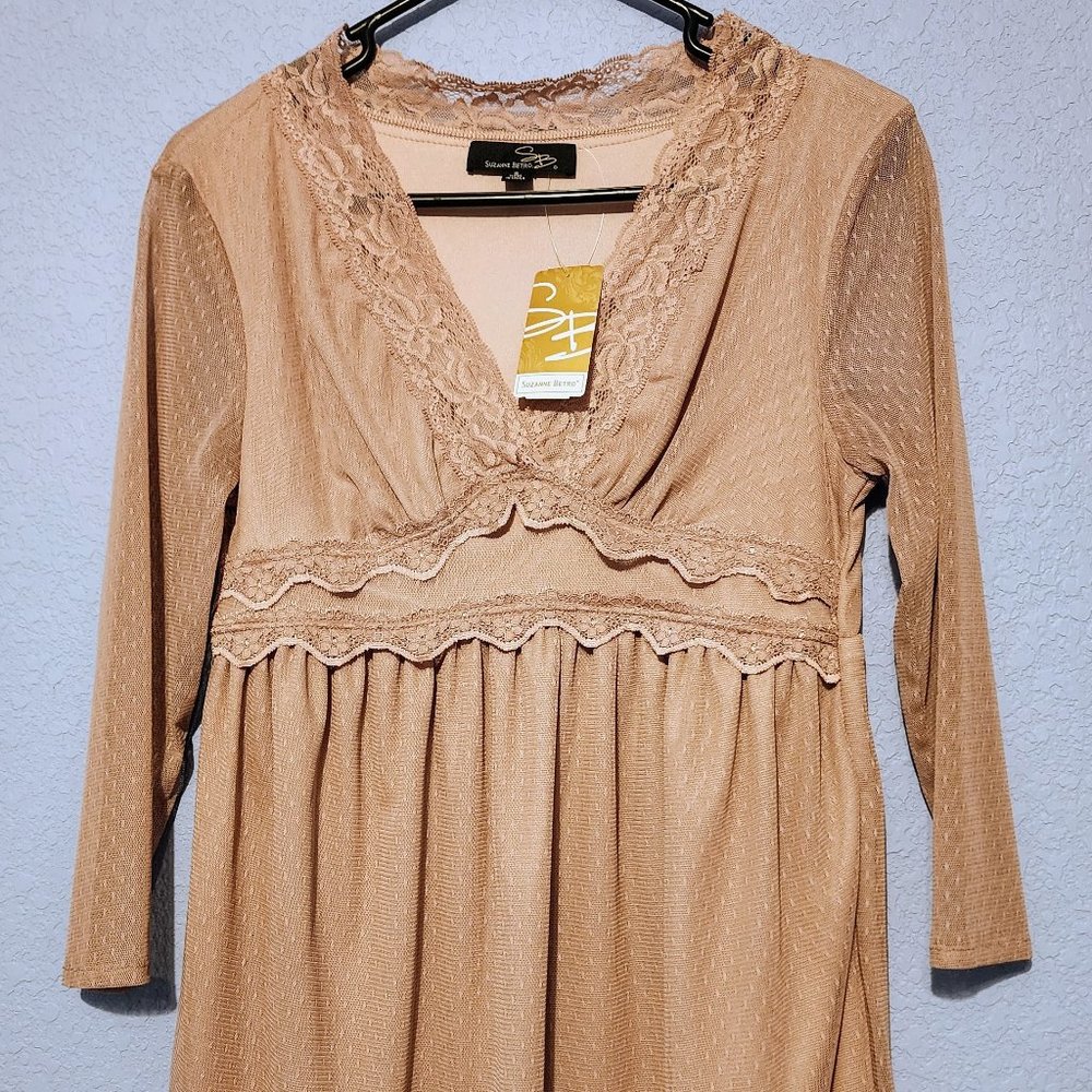 NEW Suzanne Betro Sheer Lined Lace V Neck Blouse